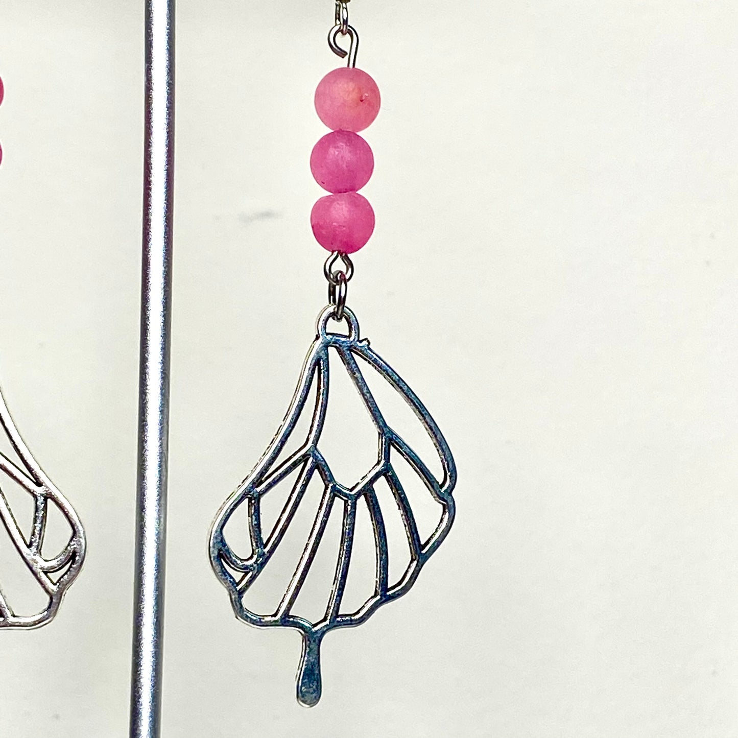Fairy/Butterfly Wing Charm & Pink Jade Dangly Earrings.