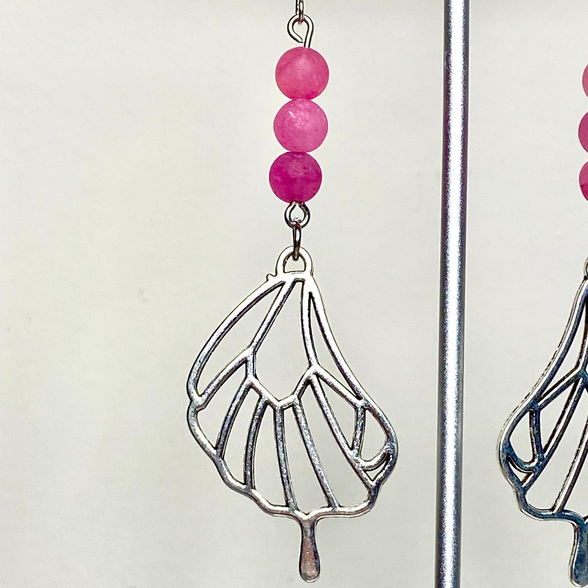 Fairy/Butterfly Wing Charm & Pink Jade Dangly Earrings.