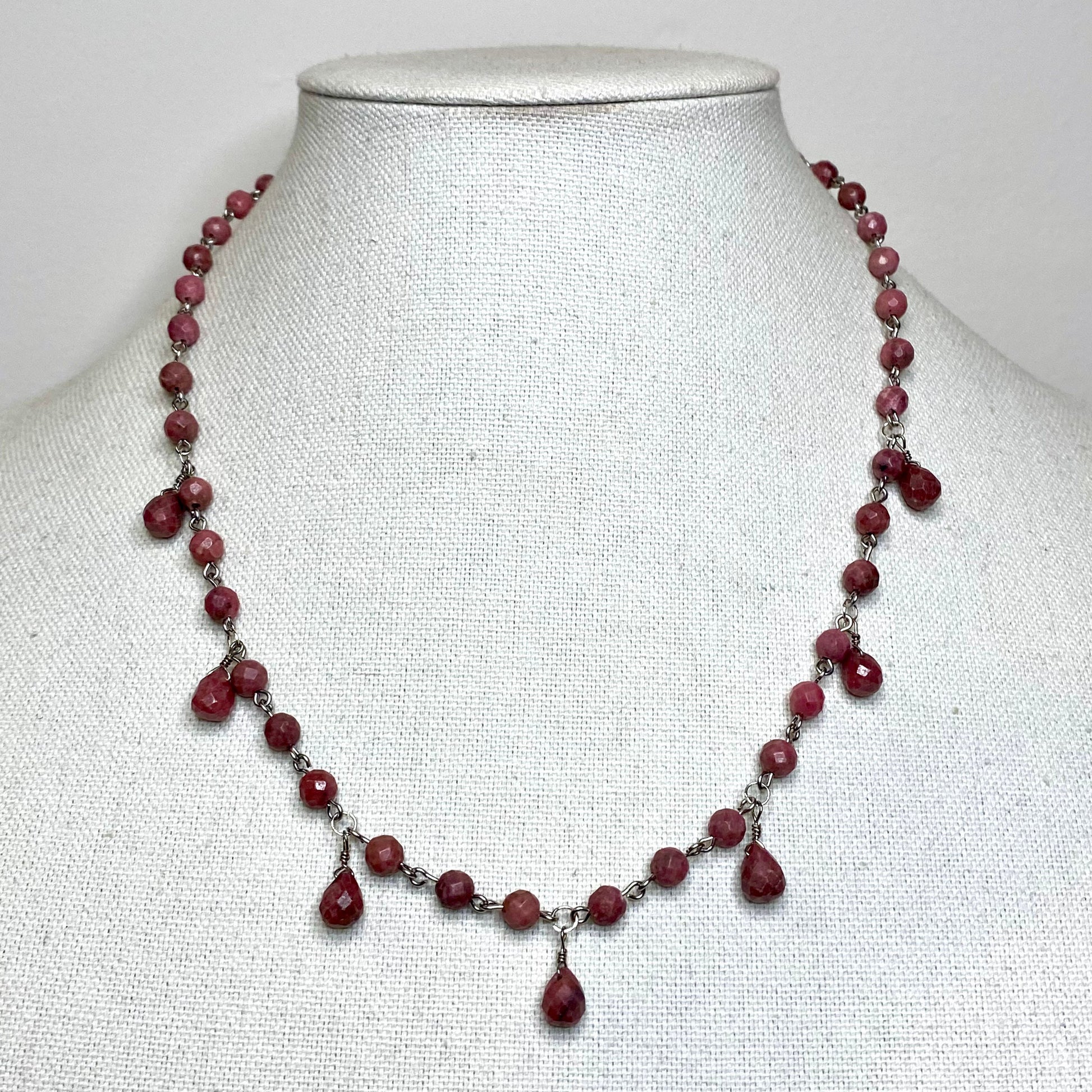 Rhodonite Gemstone Beaded Chain Link Necklace.