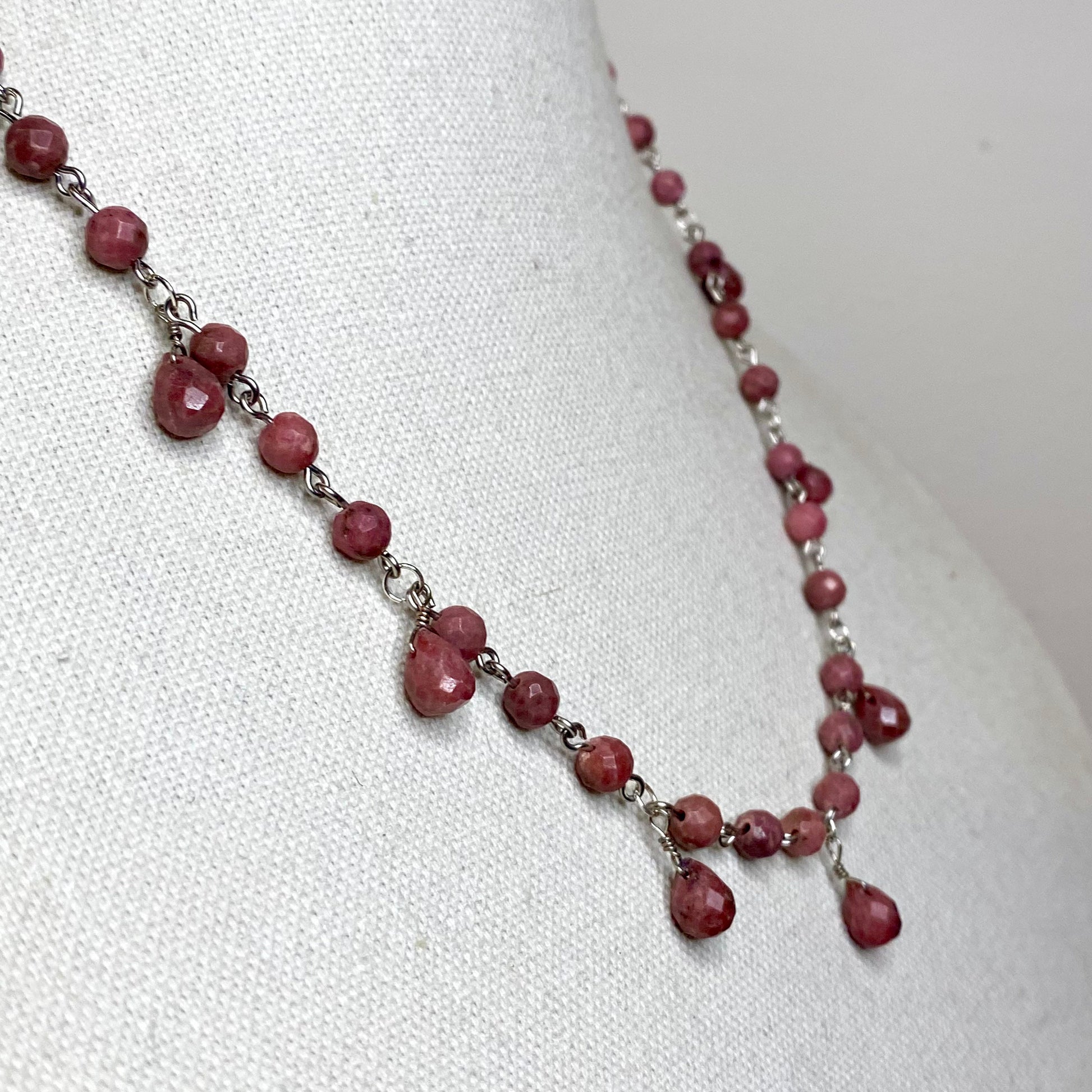 Rhodonite Gemstone Beaded Chain Link Necklace.