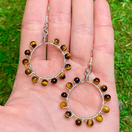 Tiger’s Eye Gemstone Beads Wire Wrapped Hoop Earrings