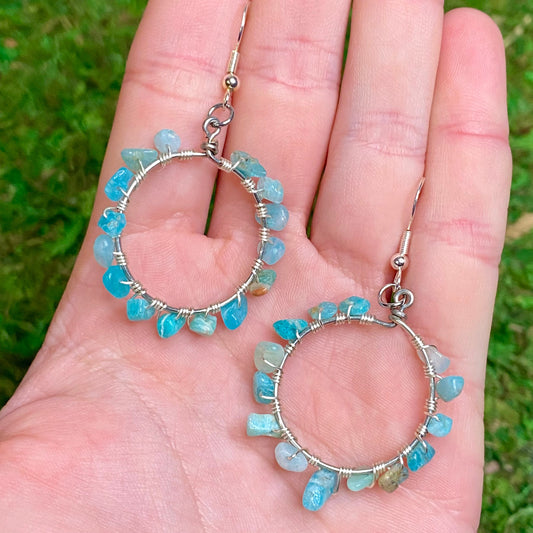Wire wrapped silver hoop earrings with blue amazonite gemstone chip beads