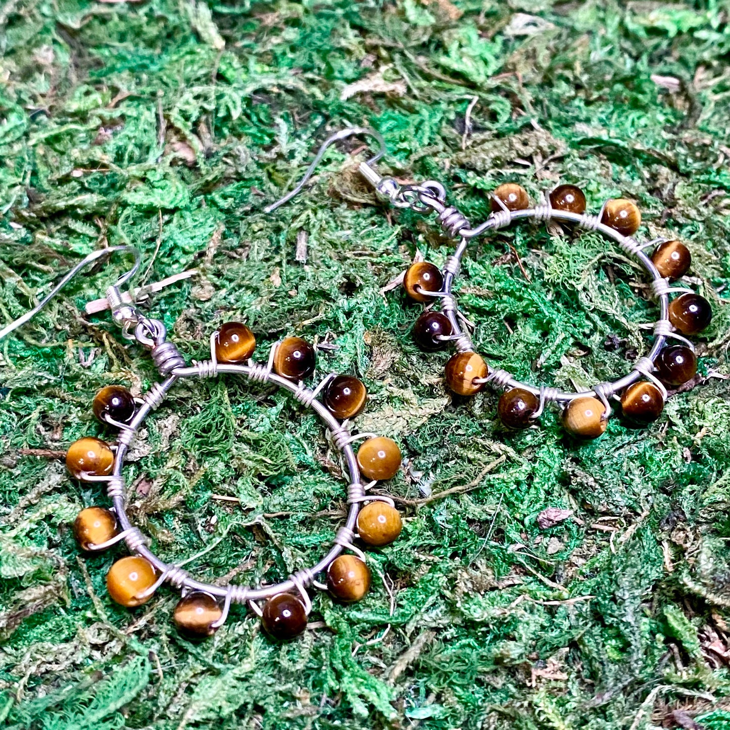 Tiger’s Eye Gemstone Beads Wire Wrapped Hoop Earrings