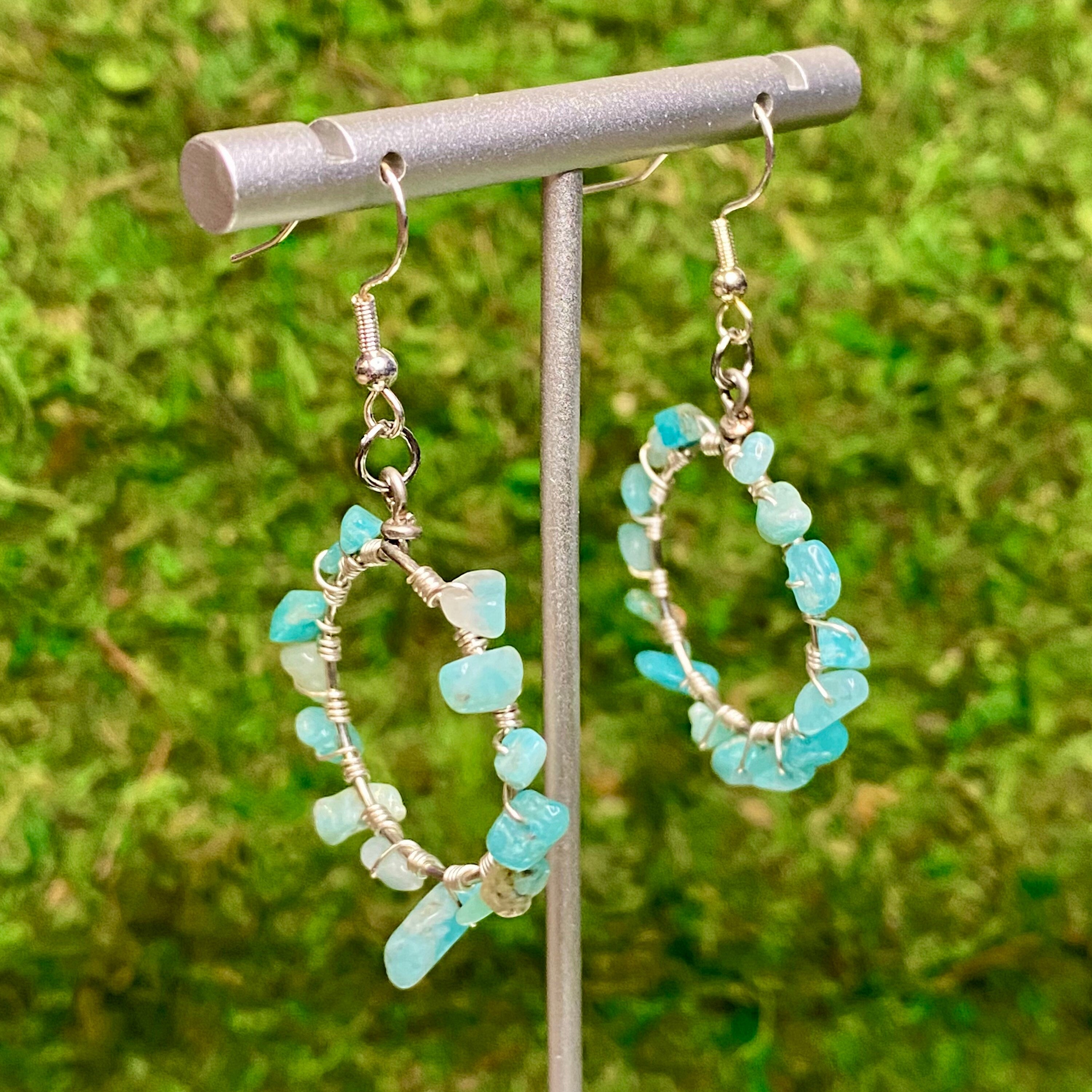 Silver grain earrings, Amazonite sold gemstone, snap hook closure.