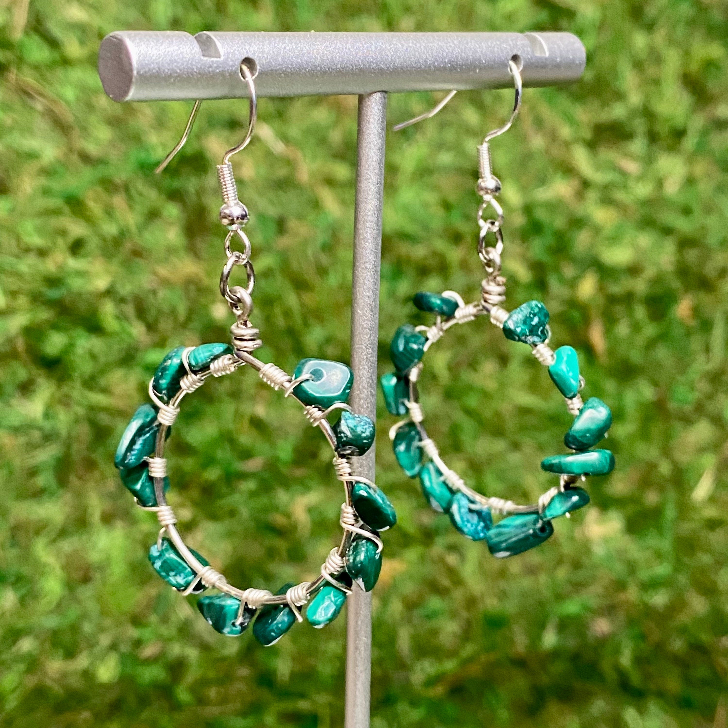 Wire wrapped retailer cascading green Malachite earrings on gold filled chain