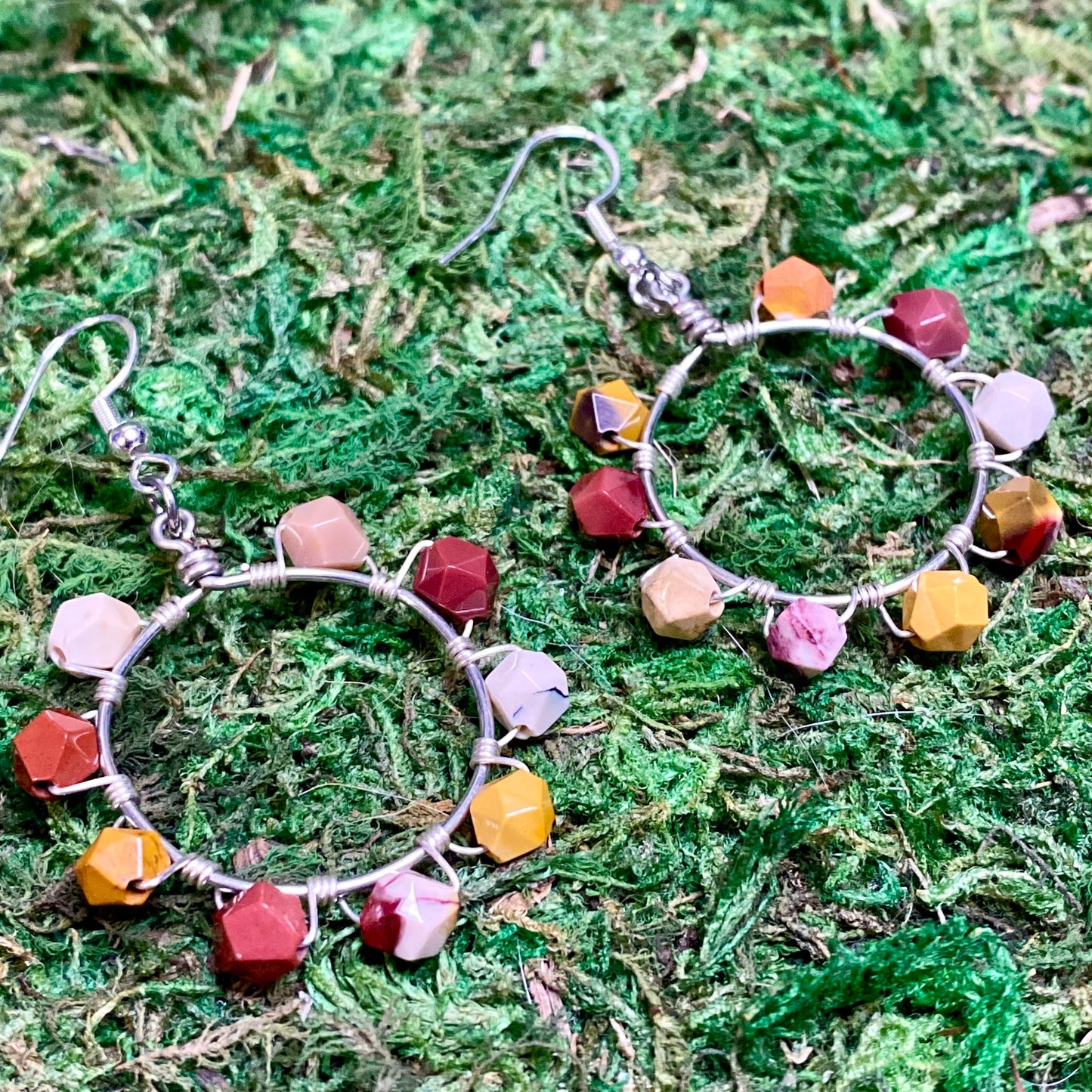 Mookaite Gemstone Beads Wire Wrapped Hoop Earrings