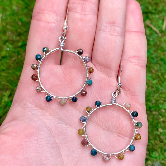 Ocean Jasper Gemstone Beads Wire Wrapped Hoop Earrings