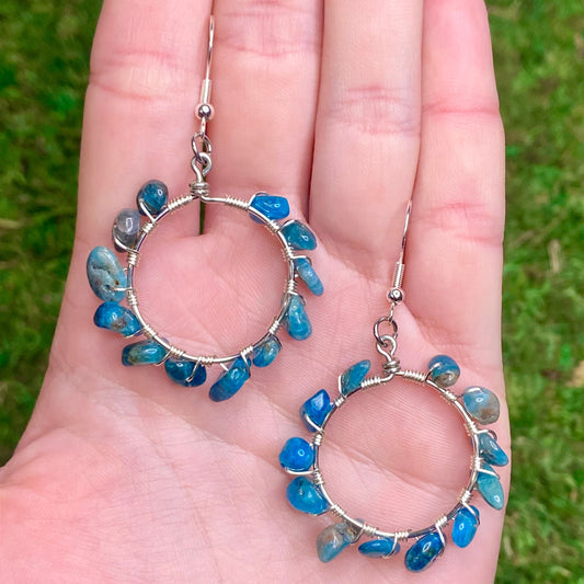 Blue Apatite Gemstone Beads Wire Wrapped Hoop Earrings