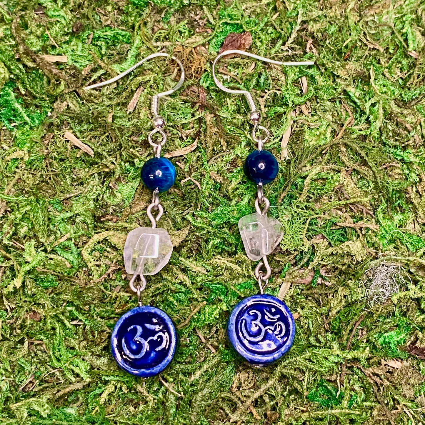 Om Charm with Blue Tigers Eye & Quartz Gemstone Earrings.