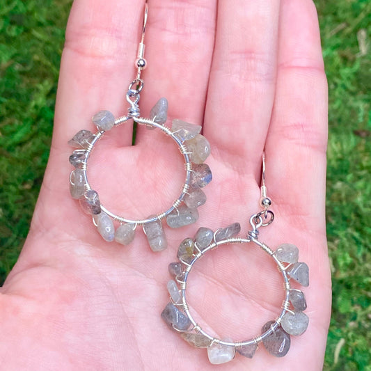 Labradorite Gemstone Beads Wire Wrapped Hoop Earrings