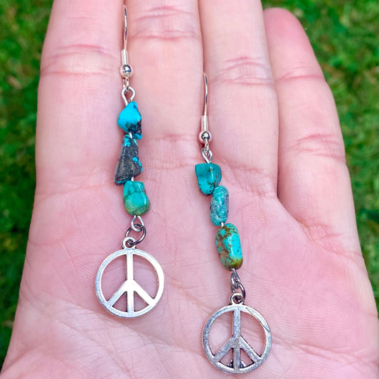 Peace Sign & Turquoise Gemstone Earrings.