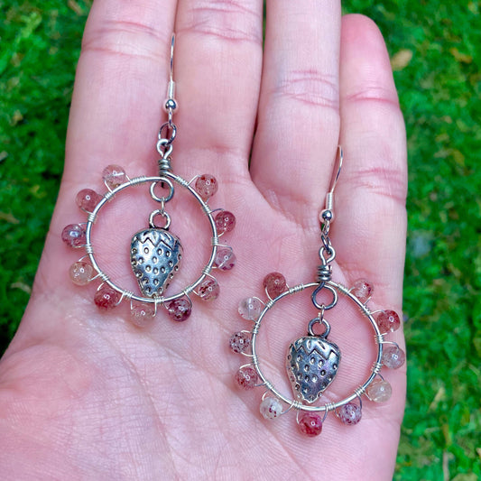 Strawberry Quartz & Strawberry Charm Wire Wrapped Hoop Earrings.