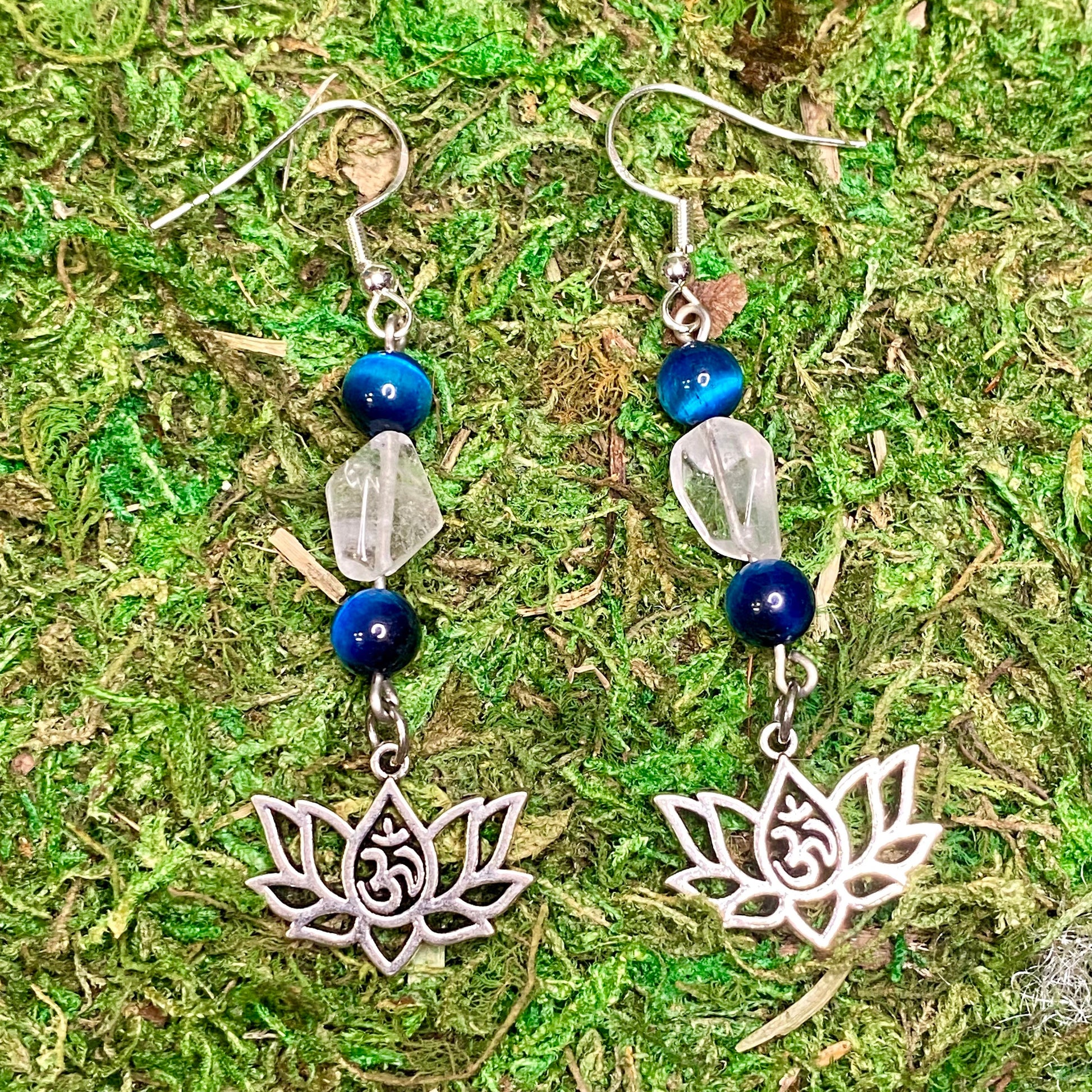 Lotus Flower Om Charm with Blue Tigers Eye & Quartz Gemstone Earrings.