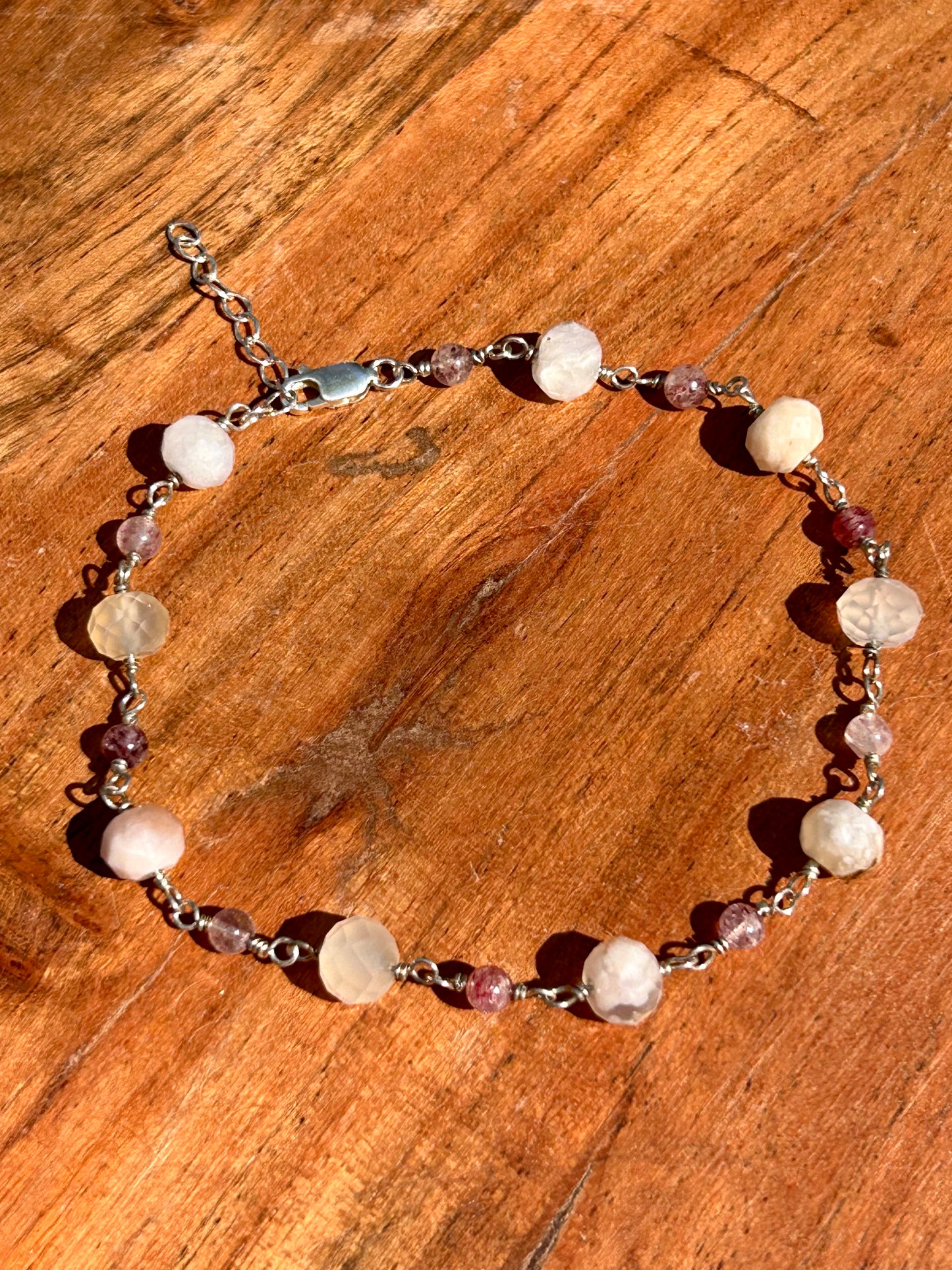 Flower Agate & Strawberry Quartz Chain Link Gemstone 925 Sterling Silver Anklet