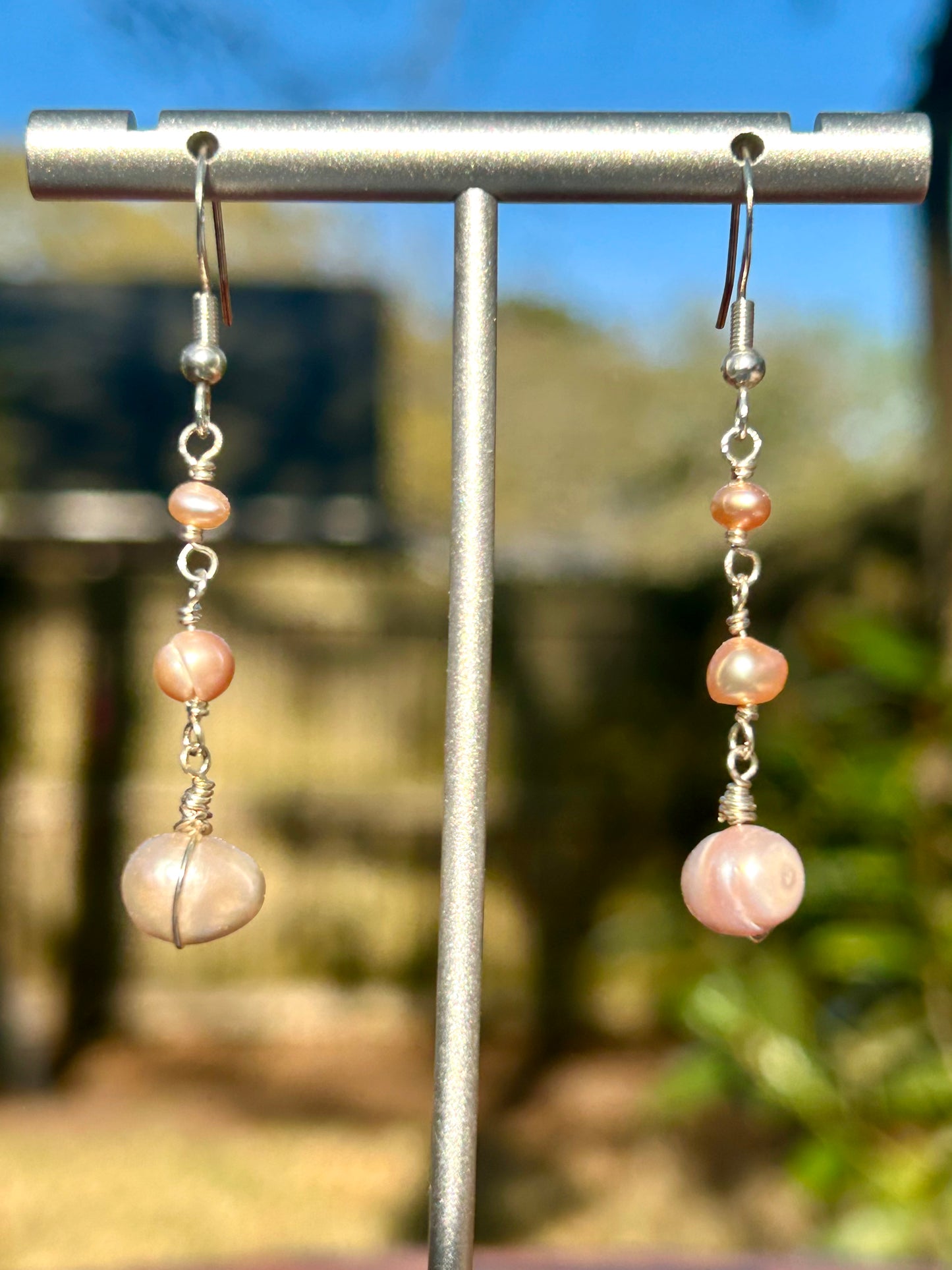 Pink Fresh Water Pearls Sterling Silver Dangly Earrings