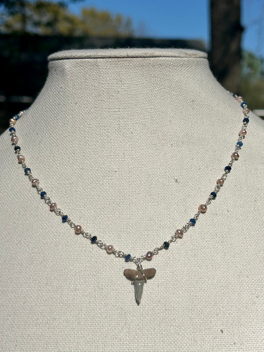 Shark Tooth Fossil with Blue Kyanite & Freshwater Pearls Sterling Silver Chain Link Necklace