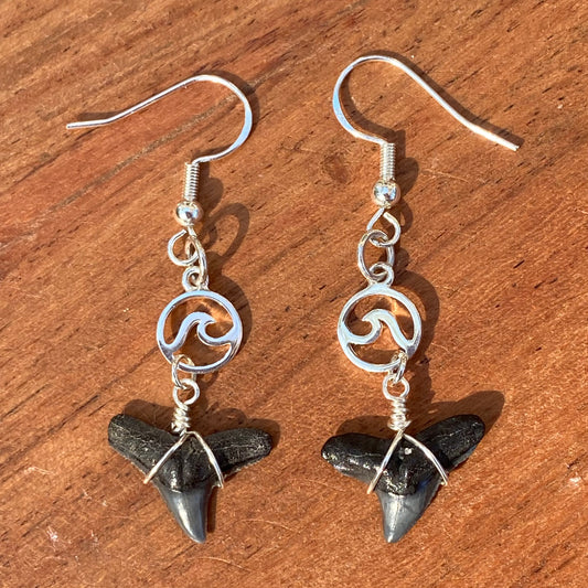 Shark Tooth Fossil with Ocean Wave Charms Sterling Silver Dangly Earrings