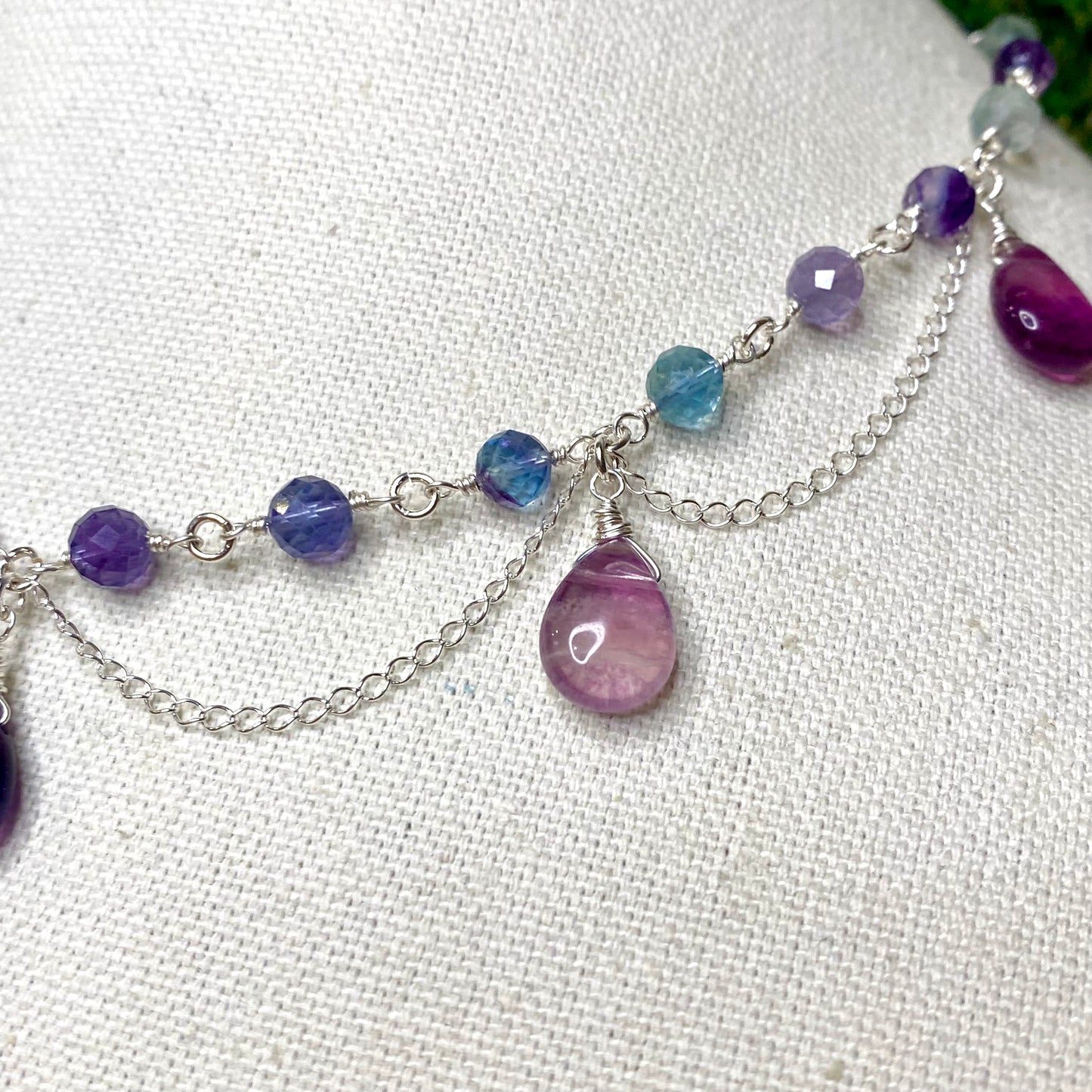 Fluorite & Sterling Silver Chain Link Necklace with Teardrops & Chain Accents