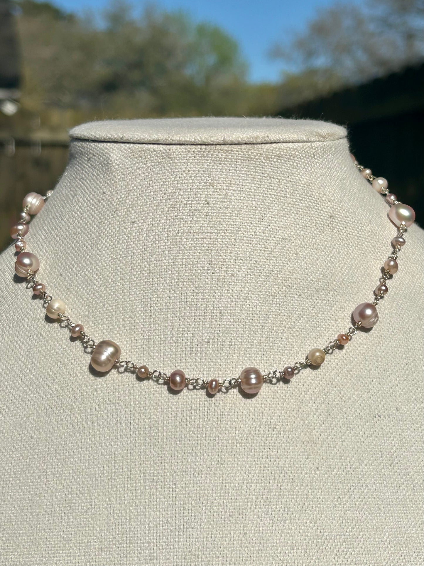 Pink Freshwater Pearl Sterling Silver Chain Link Necklace