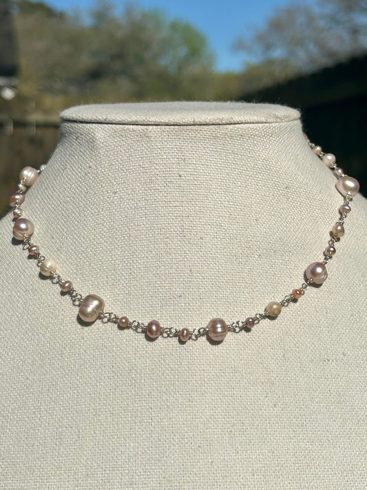 Pink Freshwater Pearl Sterling Silver Chain Link Necklace