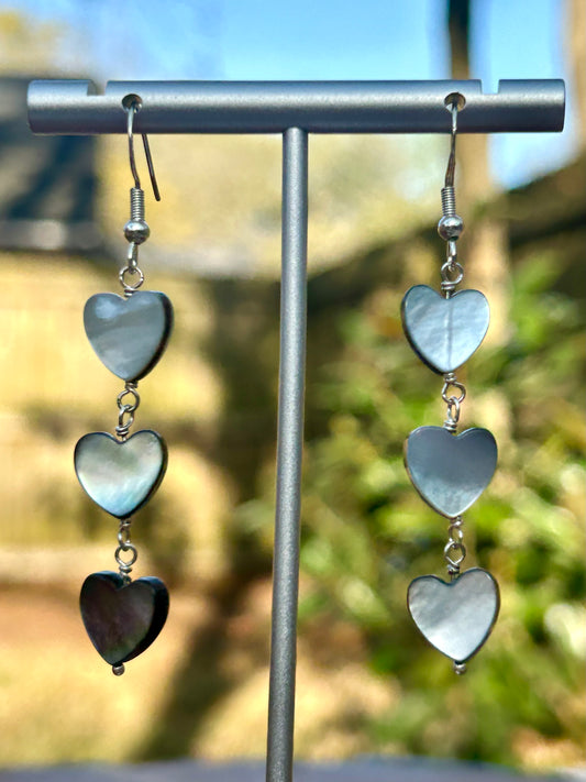 Abalone Shell Triple Heart Chain Link Sterling Silver Dangly Earrings