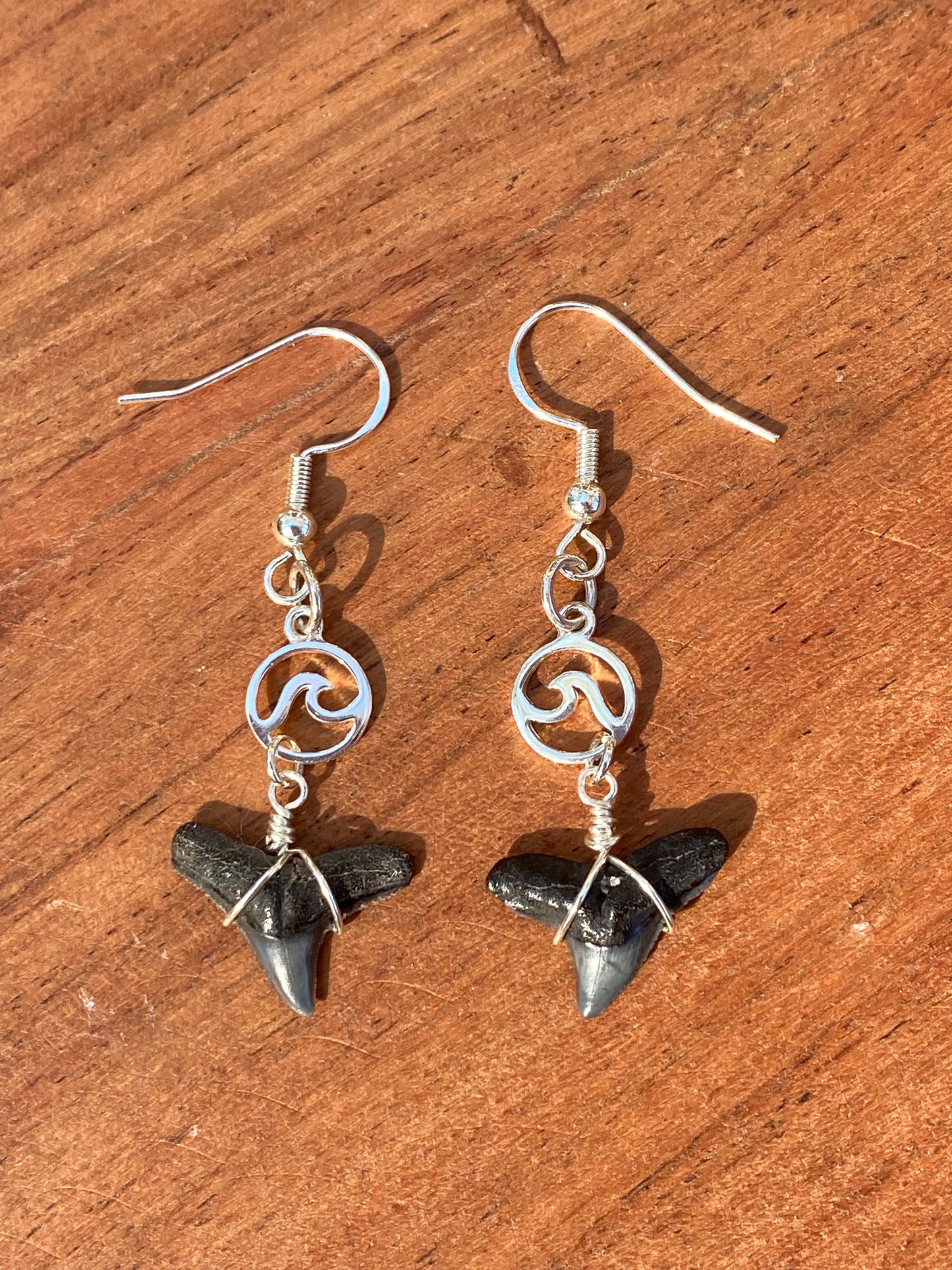 Shark Tooth Fossil with Ocean Wave Charms Sterling Silver Dangly Earrings