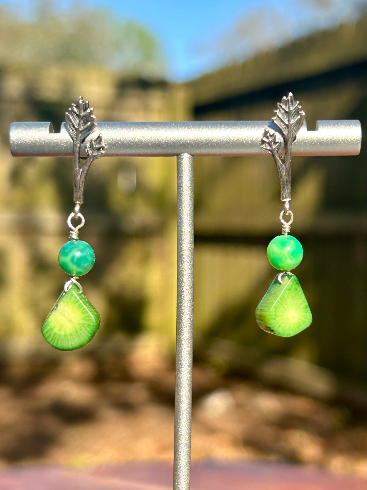 Green Leaf Jade & Coral Teardrops on Leaf Studs Sterling Silver Dangly Earrings