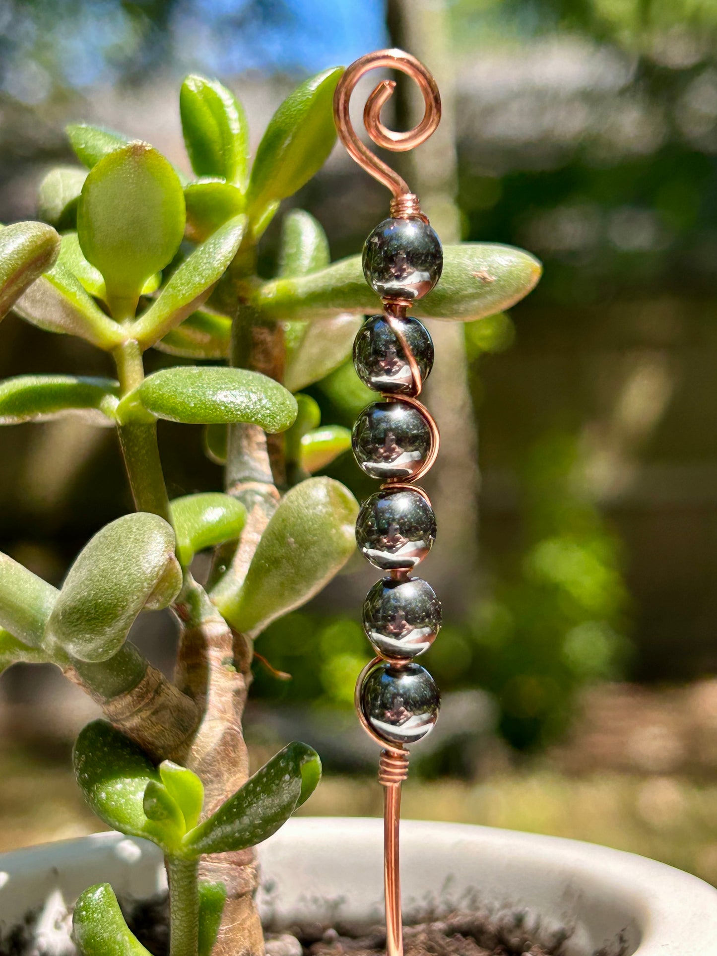 Hematite Gemstone Wire Wrapped Copper Plant Stake Decor