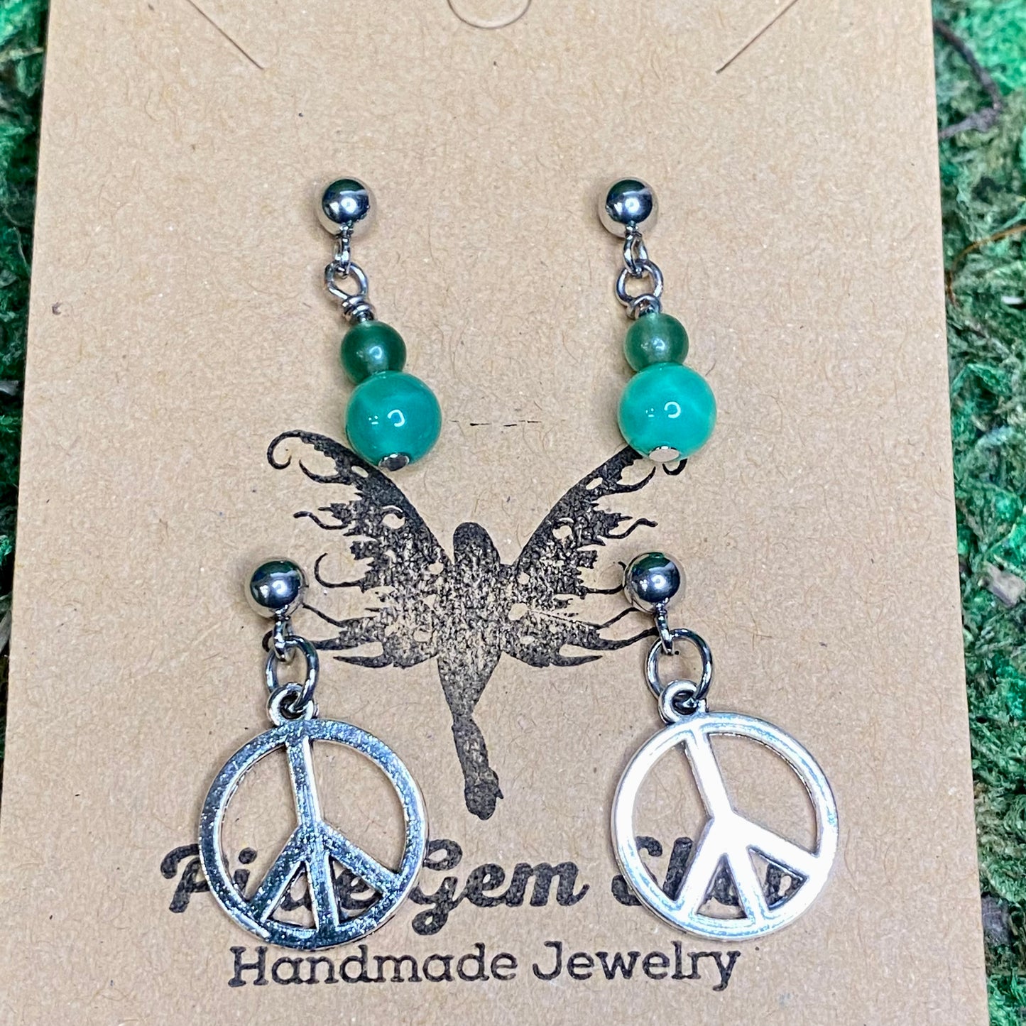 Green Leaf Jade & Peace Sign Stud Earring Set