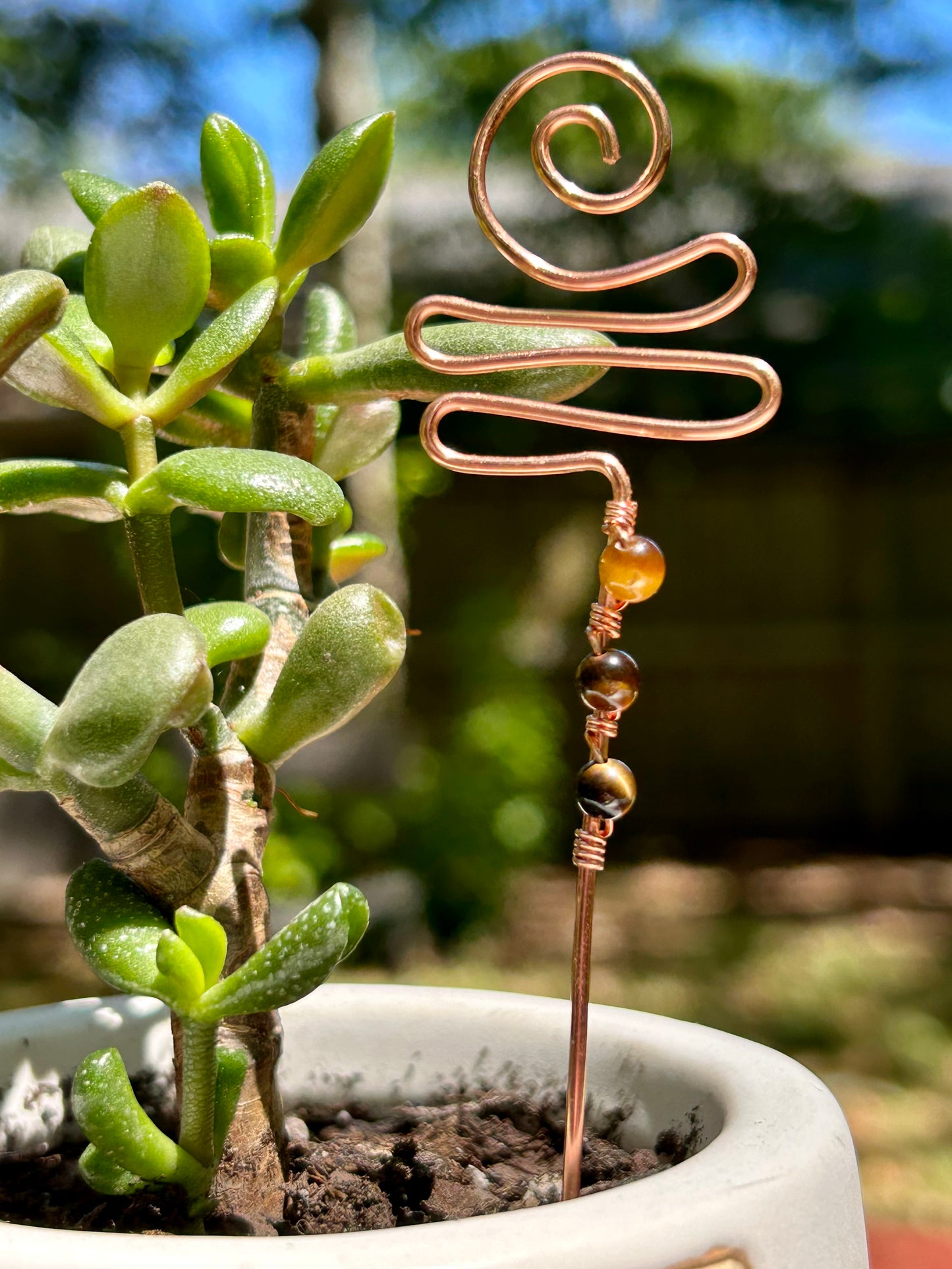 Tiger’s Eye Gemstone Wire Wrapped Copper Plant Stake Decor