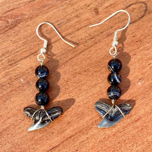 Shark Tooth Fossil with Sardonyx Sterling Silver Dangly Earrings