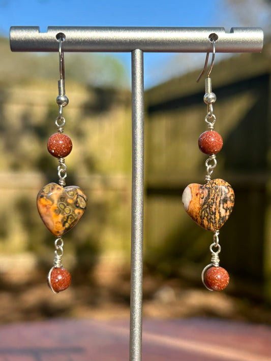 Leopard Skin Jasper Heart & Goldstone Sterling Silver Dangly Earrings