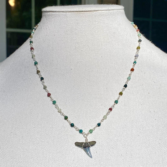 Shark Tooth Fossil & Ocean Jasper Sterling Silver Chain Link Necklace