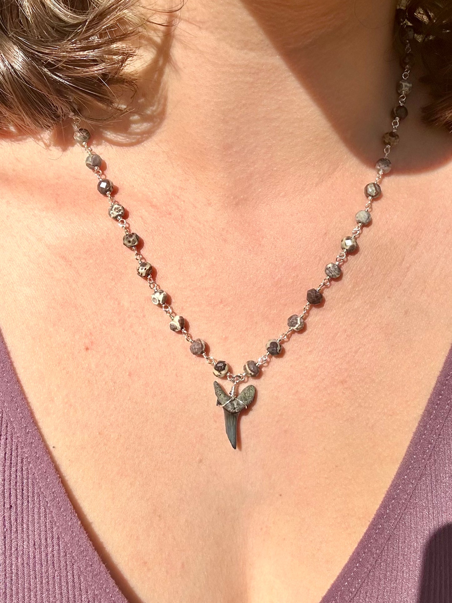 Shark Tooth Fossil with Mexican Orbicular Jasper Sterling Silver Chain Link Necklace
