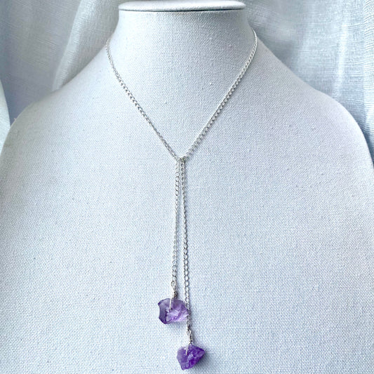 Raw Gemstone & Sterling Silver Lariat Front Tie Chain Necklace