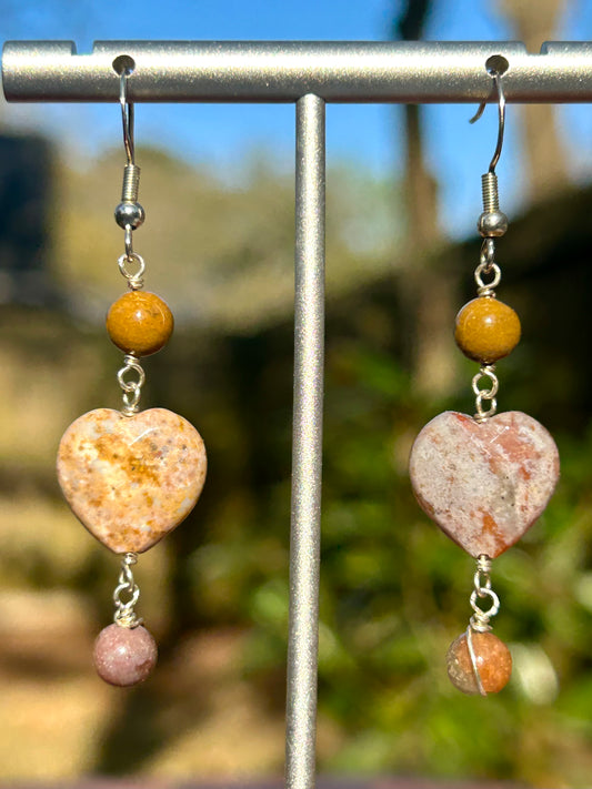 Fancy Jasper Hearts Sterling Silver Dangly Earrings