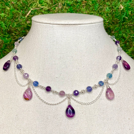 Fluorite & Sterling Silver Chain Link Necklace with Teardrops & Chain Accents
