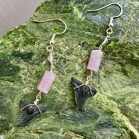 Shark Tooth Fossil with Rose Quartz & Kunzite Sterling Silver Dangly Earrings